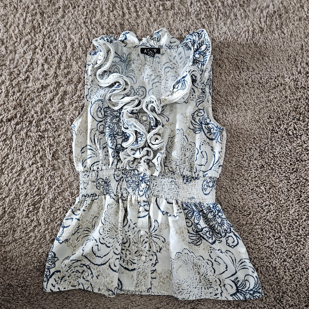 ASTR Ruffled Floral Blouse - Cream and Blue